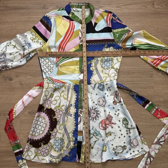 ZARA Dress Multicolored Mini Dress Long Sleeve Silky Satiny Smooth Size Medium - Picture 7 of 10